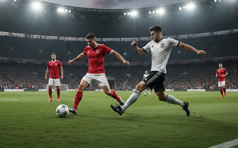 Voetballers in actie tijdens een topwedstrijd in de Eredivisie met een vol stadion op de achtergrond