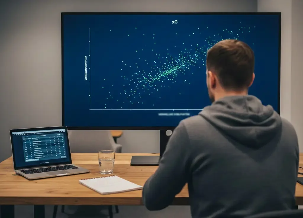Analist bestudeert Eredivisie statistieken en Expected Goals data op een groot scherm