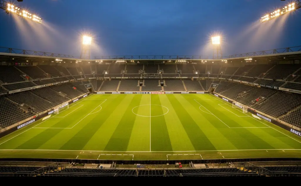 Eredivisie stadion met sfeervolle verlichting tijdens een avondwedstrijd in de Nederlandse competitie